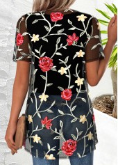 Black tops,Floral tops,Plants tops,ROTITA Floral Print Black Round Neck Cardigan and Tank Top