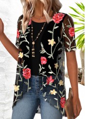 Black tops,Floral tops,Plants tops,ROTITA Floral Print Black Round Neck Cardigan and Tank Top