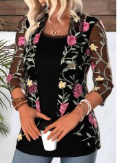 Rotita – Gefälschtes zweiteiliges Twinset mit Blumenmuster und quadratischem Ausschnitt in Schwarz