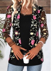 Black tops,Floral tops,Plants tops,ROTITA Floral Print Black Square Neck Fake Two Piece Twinset