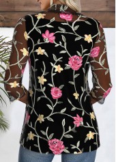 Black tops,Floral tops,Plants tops,ROTITA Floral Print Black Square Neck Fake Two Piece Twinset