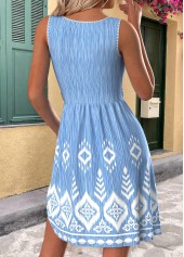 Light Blue dresses,Tribal dresses,Everyday dresses,Casual dresses,ROTITA Tribal Print Light Blue Short Round Neck Sleeveless Dress