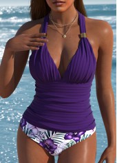 ROTITA Purple Floral Print Mid Waisted Tankini Set