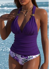 Purple swimwear,Floral swimwear,Plants swimwear,ROTITA Purple Floral Print Mid Waisted Tankini Set