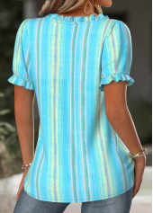 Light Blue tops,Striped tops,Geometric tops,ROTITA Multi Stripe Print Light Blue Square Neck Blouse
