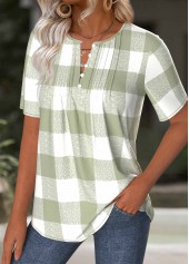 Light Green tops,Plaid tops,Geometric tops,ROTITA Plaid Light Green Split Neck Short Sleeve T Shirt