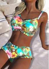 Multi Color swimwear,Floral swimwear,Plants swimwear,ROTITA Multi Color Floral Print Mid Waisted Bikini Set