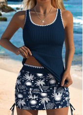 ROTITA Navy Tropical Plants Print Mid Waisted Tankini Set