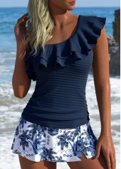 Ensemble tankini taille moyenne à imprimé plantes tropicales bleu marine Rotita