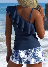 Navy swimwear,Plants swimwear,ROTITA Navy Tropical Plants Print Mid Waisted Tankini Set