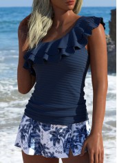 Navy swimwear,Plants swimwear,ROTITA Navy Tropical Plants Print Mid Waisted Tankini Set