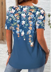 Peacock Blue tops,Floral tops,Plants tops,ROTITA Floral Print Peacock Blue Round Neck T Shirt