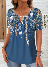 Peacock Blue tops,Floral tops,Plants tops,ROTITA Floral Print Peacock Blue Round Neck T Shirt