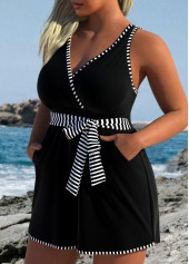 Black swimwear,Striped swimwear,Geometric swimwear,ROTITA Black Striped Cross Neck One Piece Swimwear