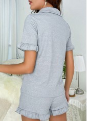 Grey loungewear,Plain Color loungewear,Grey Turn Down Collar Lounge Top and Shorts