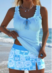 ROTITA Light Blue Tropical Plants Print Mid Waisted Tankini Set