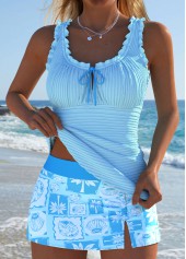 Light Blue swimwear,Plants swimwear,ROTITA Light Blue Tropical Plants Print Mid Waisted Tankini Set