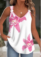White tops,Floral tops,Plants tops,ROTITA Floral Print White V Neck Strappy Tank Top