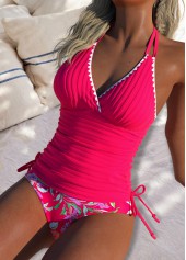 Coral swimwear,Floral swimwear,Plants swimwear,ROTITA Coral Floral Print Mid Waisted Tankini Set