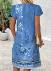 Blue dresses,Tribal dresses,Everyday dresses,Casual dresses,ROTITA Tribal Print Blue Short Split Neck Dress