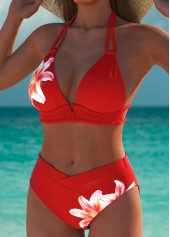 Red swimwear,Floral swimwear,Plants swimwear,ROTITA Red Floral Print Mid Waisted Bikini Set