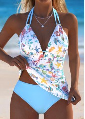 Rotita – Hellblaues Tankini-Set mit mittelhohem Bund und Meereslebewesen-Print