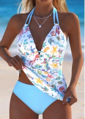 Light Blue swimwear,Animal Print swimwear,ROTITA Light Blue Marine Life Print Mid Waisted Tankini Set
