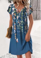 Rotita – Kurzes Kleid mit Blumenmuster und Schlitz am Hals in Pfauenblau