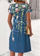 Peacock Blue dresses,Floral dresses,Plants dresses,Everyday dresses,Casual dresses,ROTITA Floral Print Peacock Blue Short Split Neck Dress