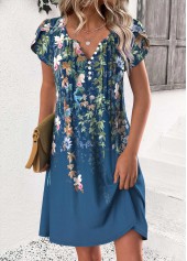 Peacock Blue dresses,Floral dresses,Plants dresses,Everyday dresses,Casual dresses,ROTITA Floral Print Peacock Blue Short Split Neck Dress