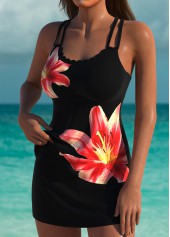 Black swimwear,Floral swimwear,Plants swimwear,ROTITA Black Floral Print Mid Waisted Tankini Set