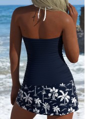 Navy swimwear,Plants swimwear,ROTITA Navy Tropical Plants Print Mid Waisted Tankini Set