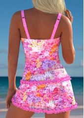 Pink swimwear,Floral swimwear,Plants swimwear,ROTITA Pink Floral Print Mid Waisted Tankini Set