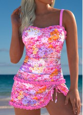 Pink swimwear,Floral swimwear,Plants swimwear,ROTITA Pink Floral Print Mid Waisted Tankini Set