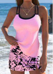 Ensemble tankini taille moyenne à imprimé plantes tropicales roses Rotita