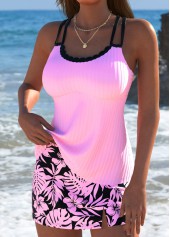 Pink swimwear,Plants swimwear,ROTITA Pink Tropical Plants Print Mid Waisted Tankini Set
