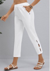 White bottoms,Plain Color bottoms,ROTITA White Elastic Waist High Waisted Pants