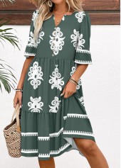 Sage Green dresses,Tribal dresses,Everyday dresses,Casual dresses,ROTITA Tribal Print Sage Green Split Neck Half Sleeve Dress