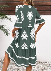 Sage Green dresses,Tribal dresses,Everyday dresses,Casual dresses,ROTITA Tribal Print Sage Green Split Neck Half Sleeve Dress