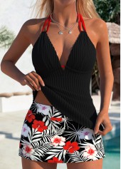 Ensemble tankini taille moyenne à imprimé plantes tropicales noires Rotita