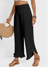 Black bottoms,Plain Color bottoms,Black Wide Leg Elastic Waist High Waisted Pants
