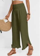 Olive Green bottoms,Plain Color bottoms,Olive Green Wide Leg Elastic Waist High Waisted Pants
