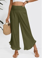pantalon taille haute à jambe large et taille élastique vert olive