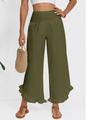Olive Green bottoms,Plain Color bottoms,Olive Green Wide Leg Elastic Waist High Waisted Pants