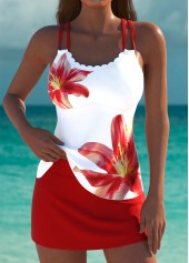 Red swimwear,Floral swimwear,Plants swimwear,ROTITA Red Floral Print Mid Waisted Tankini Set