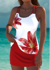 Red swimwear,Floral swimwear,Plants swimwear,ROTITA Red Floral Print Mid Waisted Tankini Set