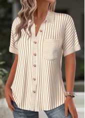 Light Camel tops,Striped tops,Geometric tops,ROTITA Striped Light Camel Short Sleeve Shirt