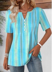 ROTITA Geometric Print Blue Split Neck Short Sleeve T Shirt