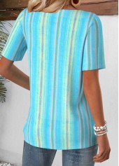 Blue tops,Geometric tops,ROTITA Geometric Print Blue Split Neck Short Sleeve T Shirt