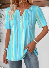 Blue tops,Geometric tops,ROTITA Geometric Print Blue Split Neck Short Sleeve T Shirt